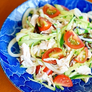 塩昆布とササミと夏野菜の冷やしうどん